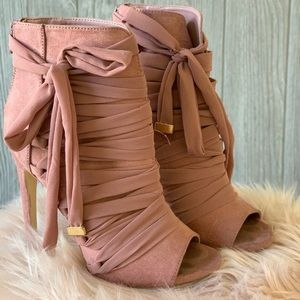 Tie up rose peep toe booties with 4” heel